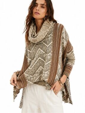 Free People Be The One Poncho in Sunset Combo Medium Wool Alpaca Blend Cowl Neck